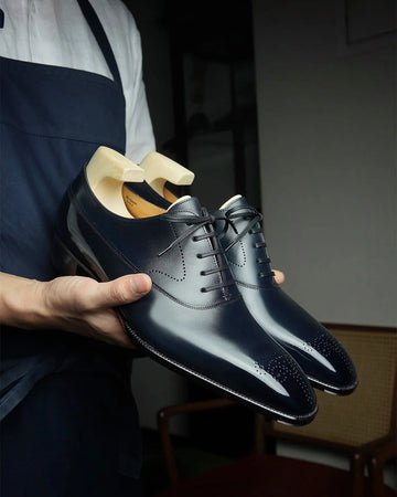 Navy blue leather modena brogue wholecut oxford shoe - formal shoes