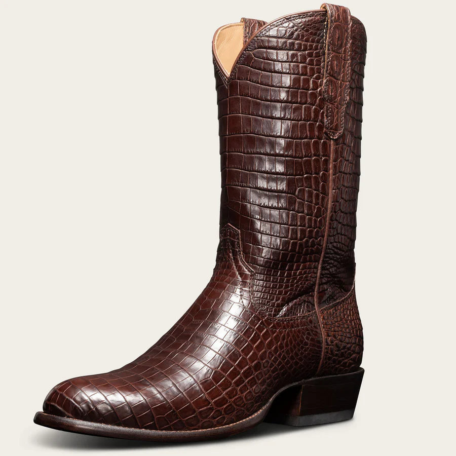 Brown Croc Print Leather Hargrave Slip On Zipper Western Cowboy Boots