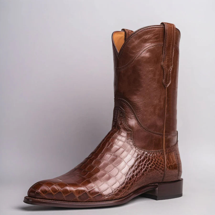 BROWN LEATHER RENOVAUX SLIP ON Zipper Western Cowboy Boots