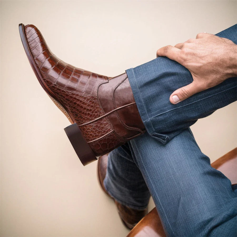 BROWN LEATHER RENOVAUX SLIP ON Zipper Western Cowboy Boots