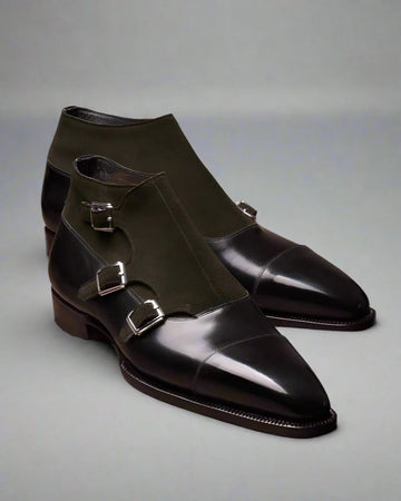 Men's Chocolate Brown Leather Suede Triple Monk Shoes