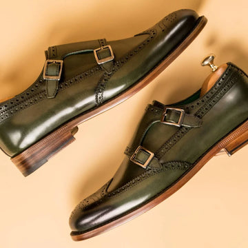 Green Leather Arbon Brogue Toe Cap Double Monk Straps